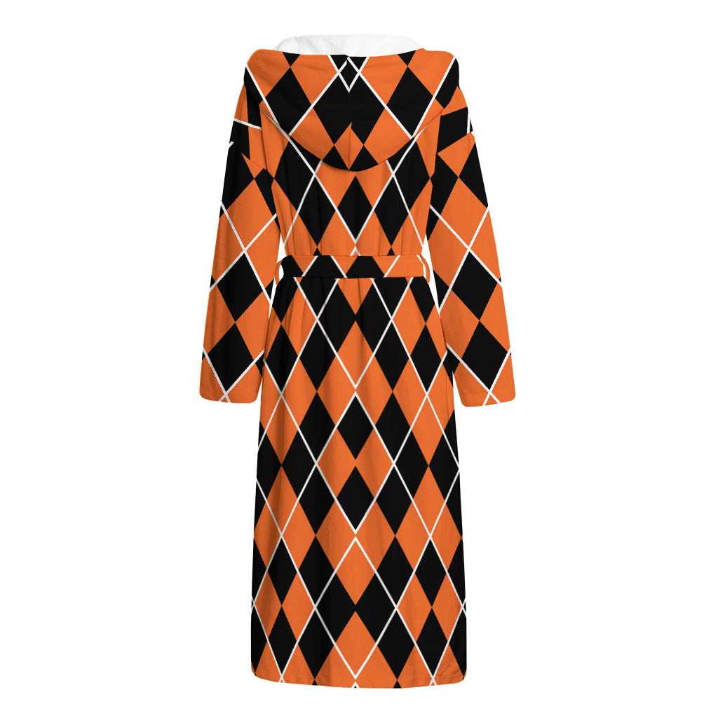 Orange And Black Halloween Argyle Print Hooded Bathrobe
