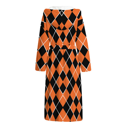 Orange And Black Halloween Argyle Print Hooded Bathrobe