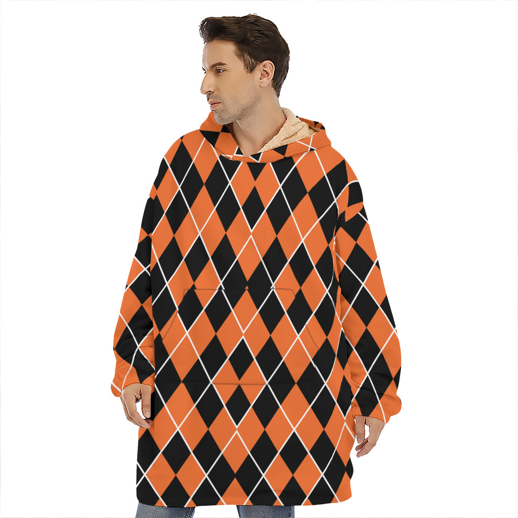 Orange And Black Halloween Argyle Print Hoodie Blanket
