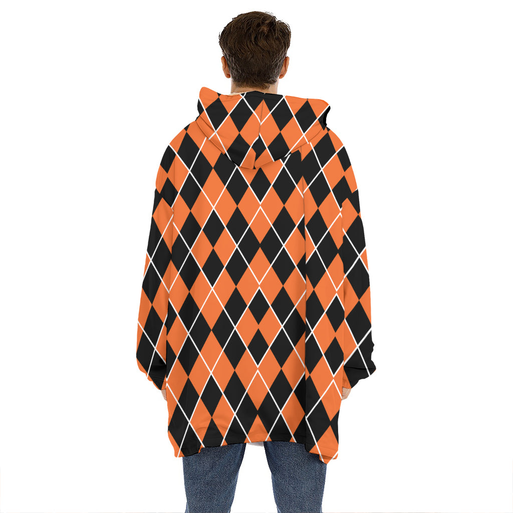 Orange And Black Halloween Argyle Print Hoodie Blanket