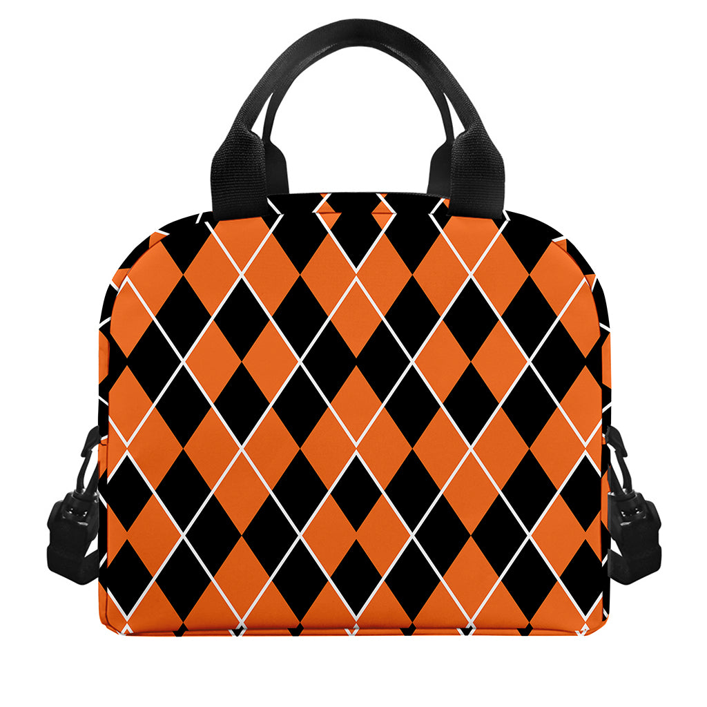 Orange And Black Halloween Argyle Print Insulated Lunch Bag