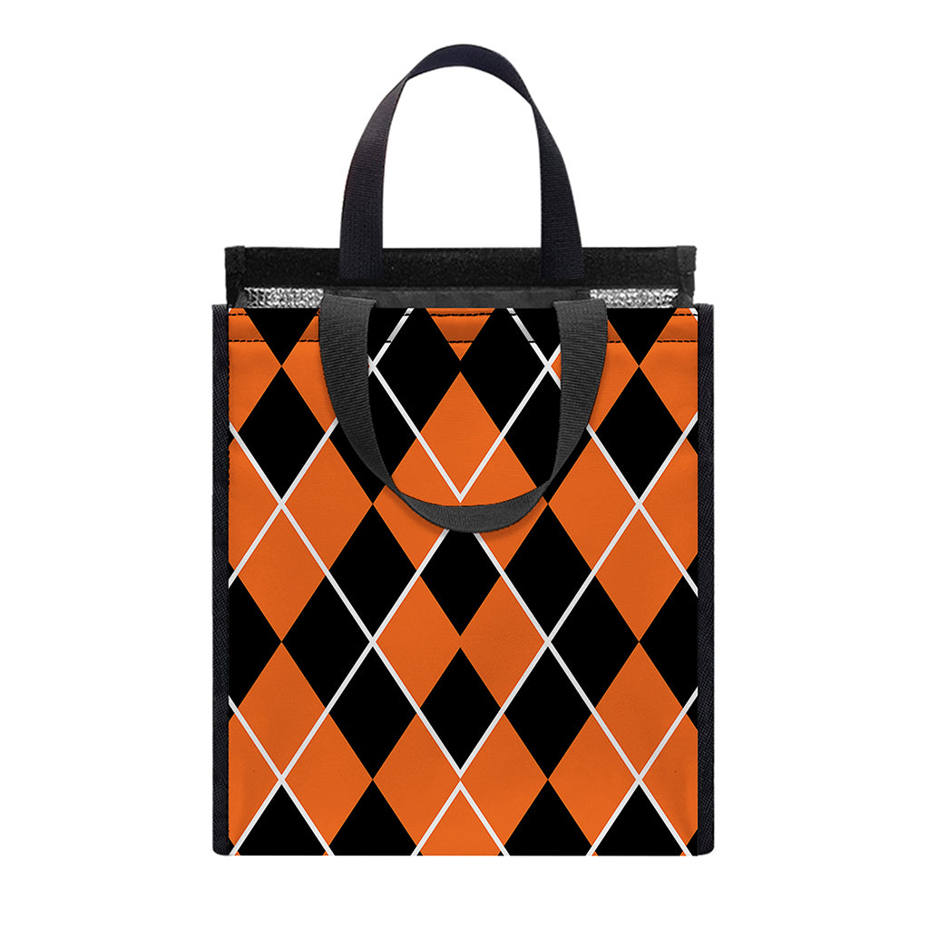 Orange And Black Halloween Argyle Print Insulated Lunch Tote