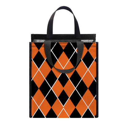 Orange And Black Halloween Argyle Print Insulated Lunch Tote