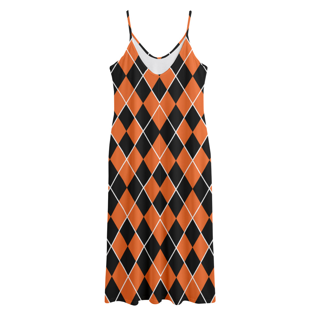 Orange And Black Halloween Argyle Print Jersey Midi Cami Dress