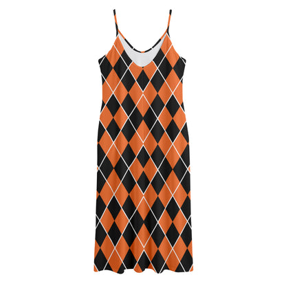 Orange And Black Halloween Argyle Print Jersey Midi Cami Dress