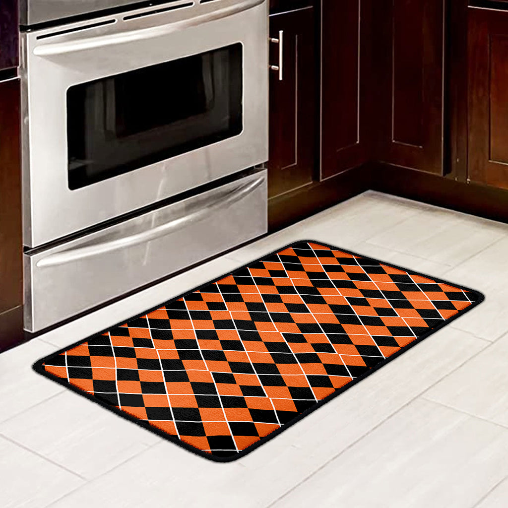 Orange And Black Halloween Argyle Print Kitchen Mat