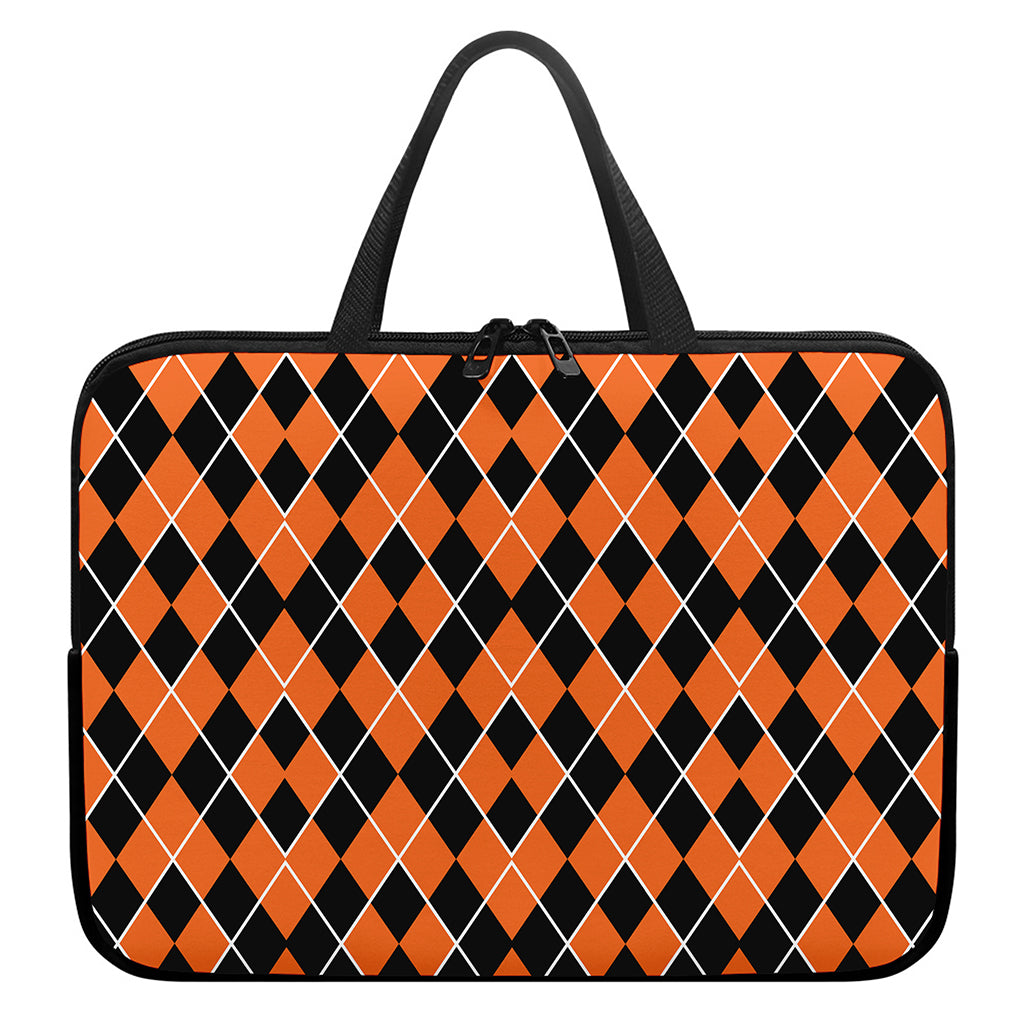 Orange And Black Halloween Argyle Print Laptop Sleeve With Handle