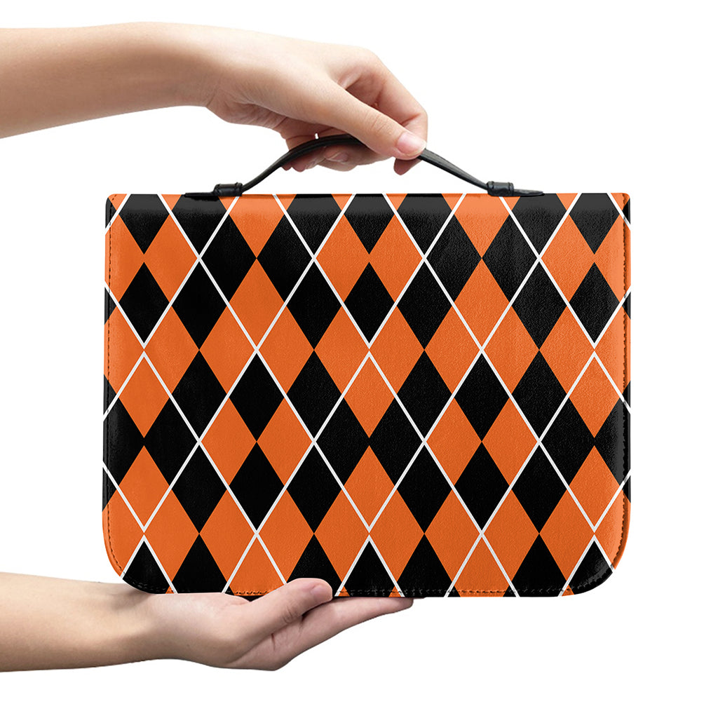 Orange And Black Halloween Argyle Print Leather Bible Cover