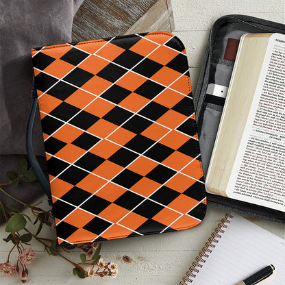 Orange And Black Halloween Argyle Print Leather Bible Cover