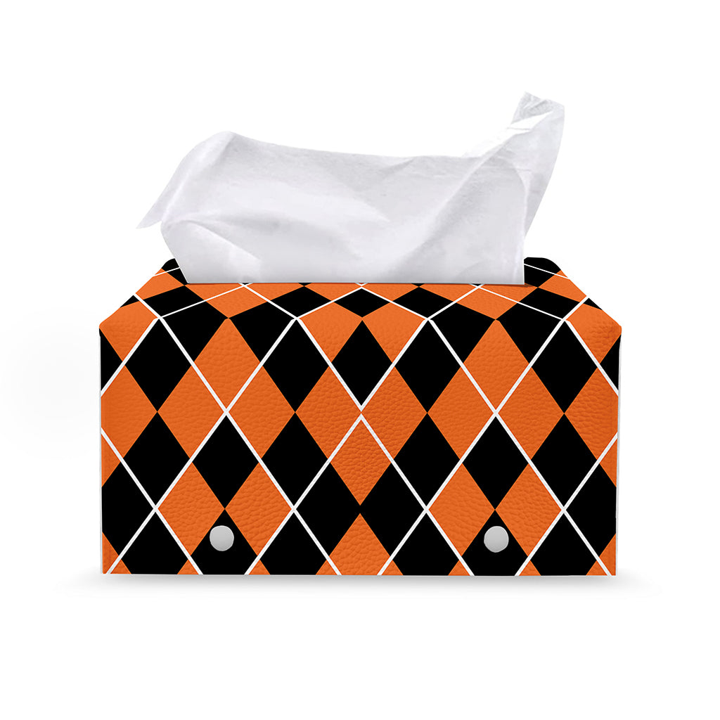 Orange And Black Halloween Argyle Print Leather Tissue Box Cover