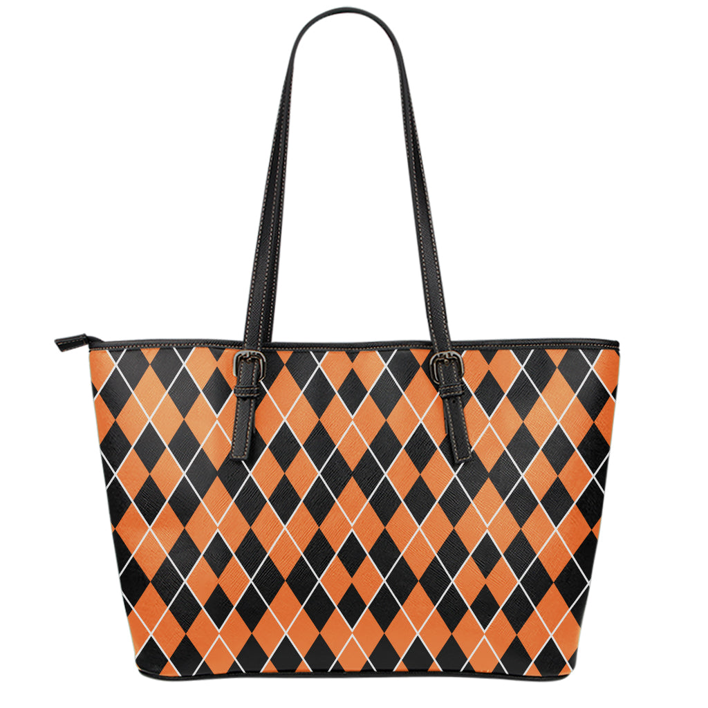 Orange And Black Halloween Argyle Print Leather Tote Bag