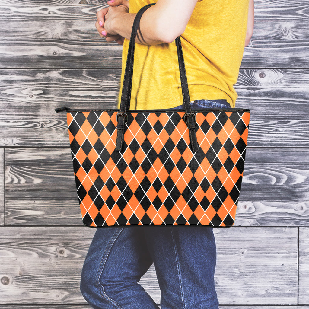 Orange And Black Halloween Argyle Print Leather Tote Bag
