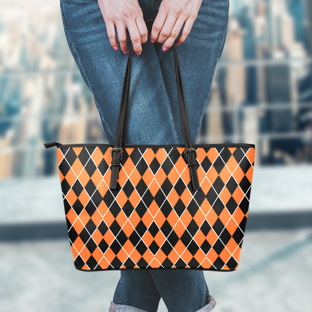 Orange And Black Halloween Argyle Print Leather Tote Bag