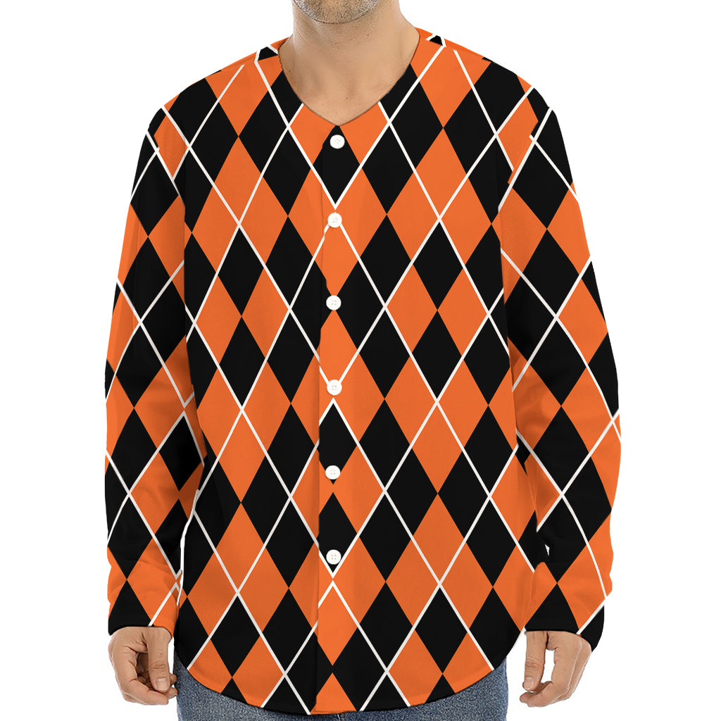 Orange And Black Halloween Argyle Print Long Sleeve Baseball Jersey