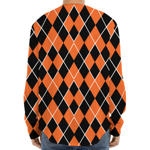 Orange And Black Halloween Argyle Print Long Sleeve Baseball Jersey