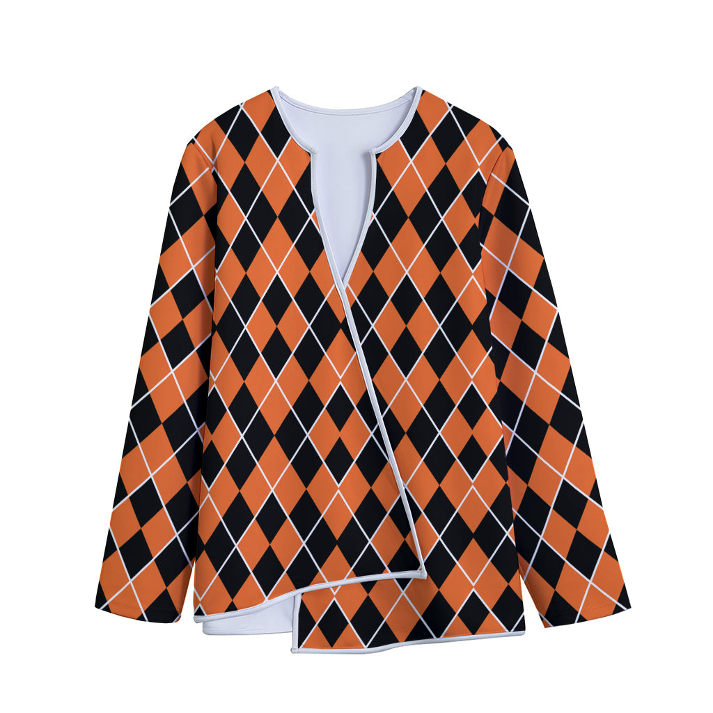 Orange And Black Halloween Argyle Print Long Sleeve Short Coat