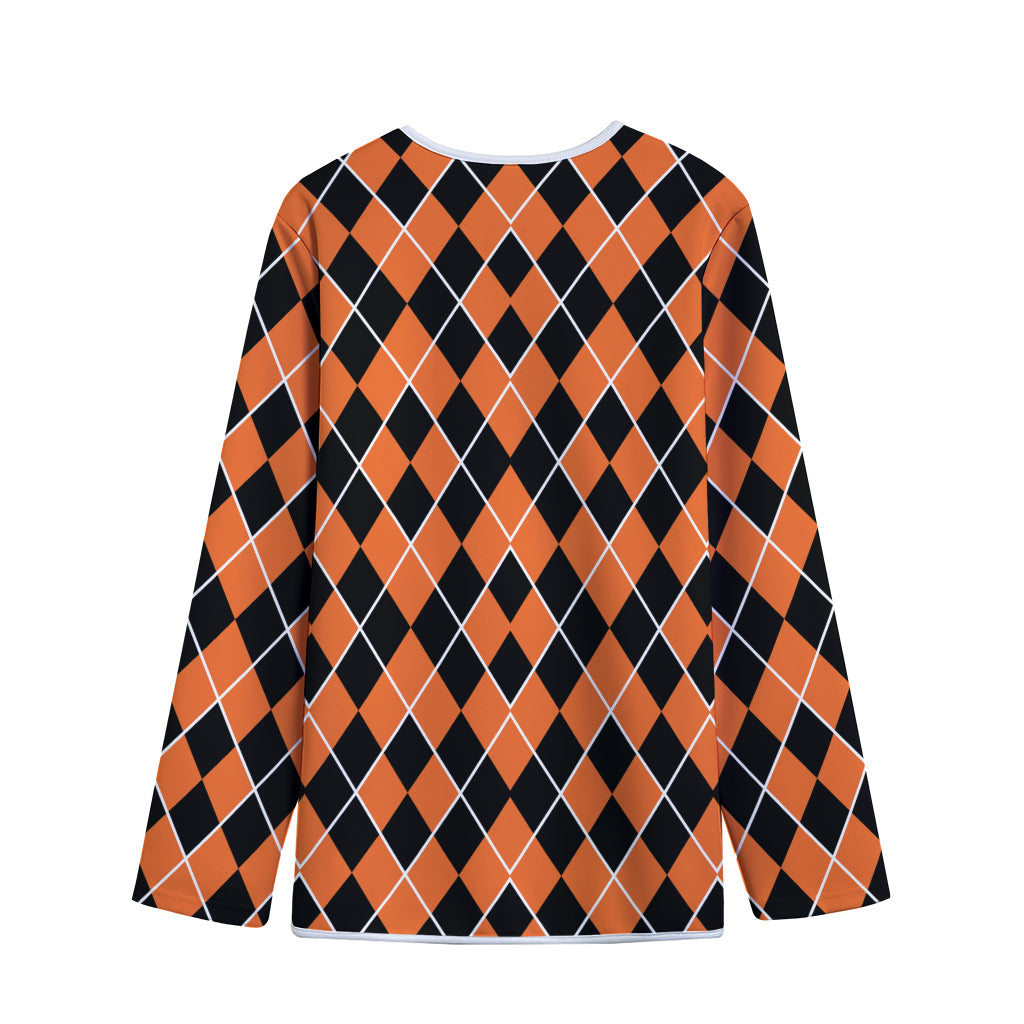 Orange And Black Halloween Argyle Print Long Sleeve Short Coat