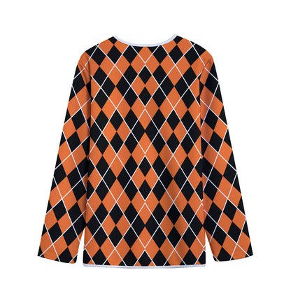 Orange And Black Halloween Argyle Print Long Sleeve Short Coat