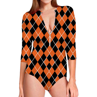Orange And Black Halloween Argyle Print Long Sleeve Swimsuit