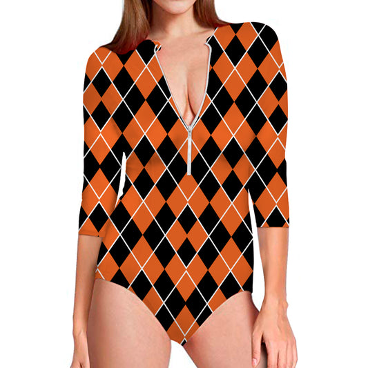 Orange And Black Halloween Argyle Print Long Sleeve Swimsuit
