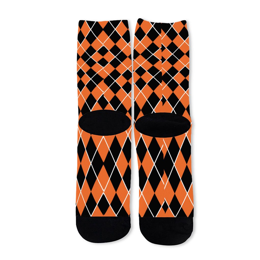 Orange And Black Halloween Argyle Print Long Socks