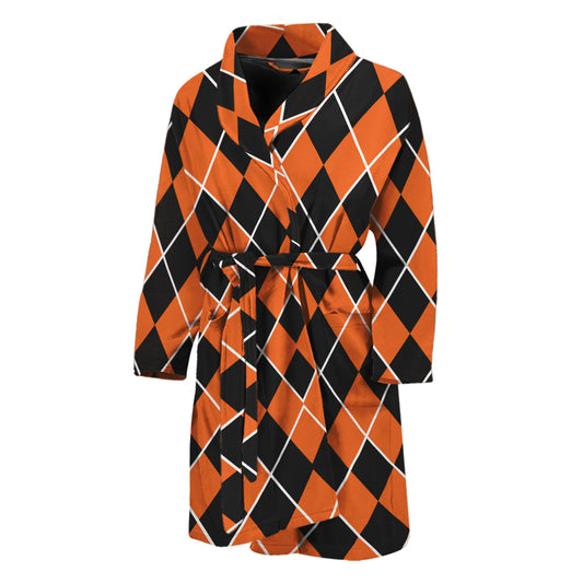 Orange And Black Halloween Argyle Print Men's Bathrobe