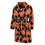 Orange And Black Halloween Argyle Print Men's Bathrobe