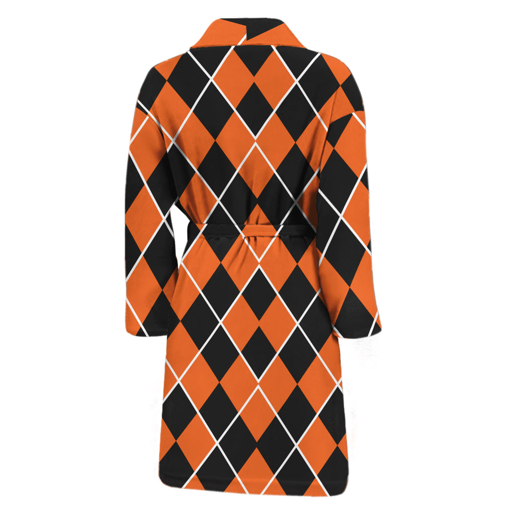 Orange And Black Halloween Argyle Print Men's Bathrobe