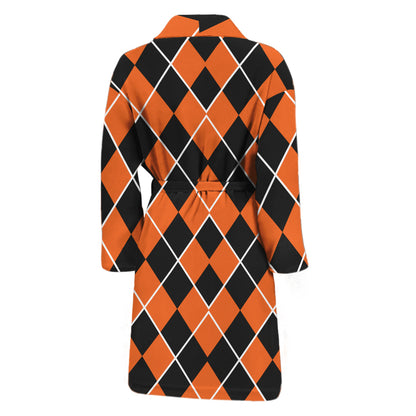 Orange And Black Halloween Argyle Print Men's Bathrobe