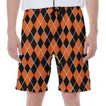 Orange And Black Halloween Argyle Print Men's Beach Shorts