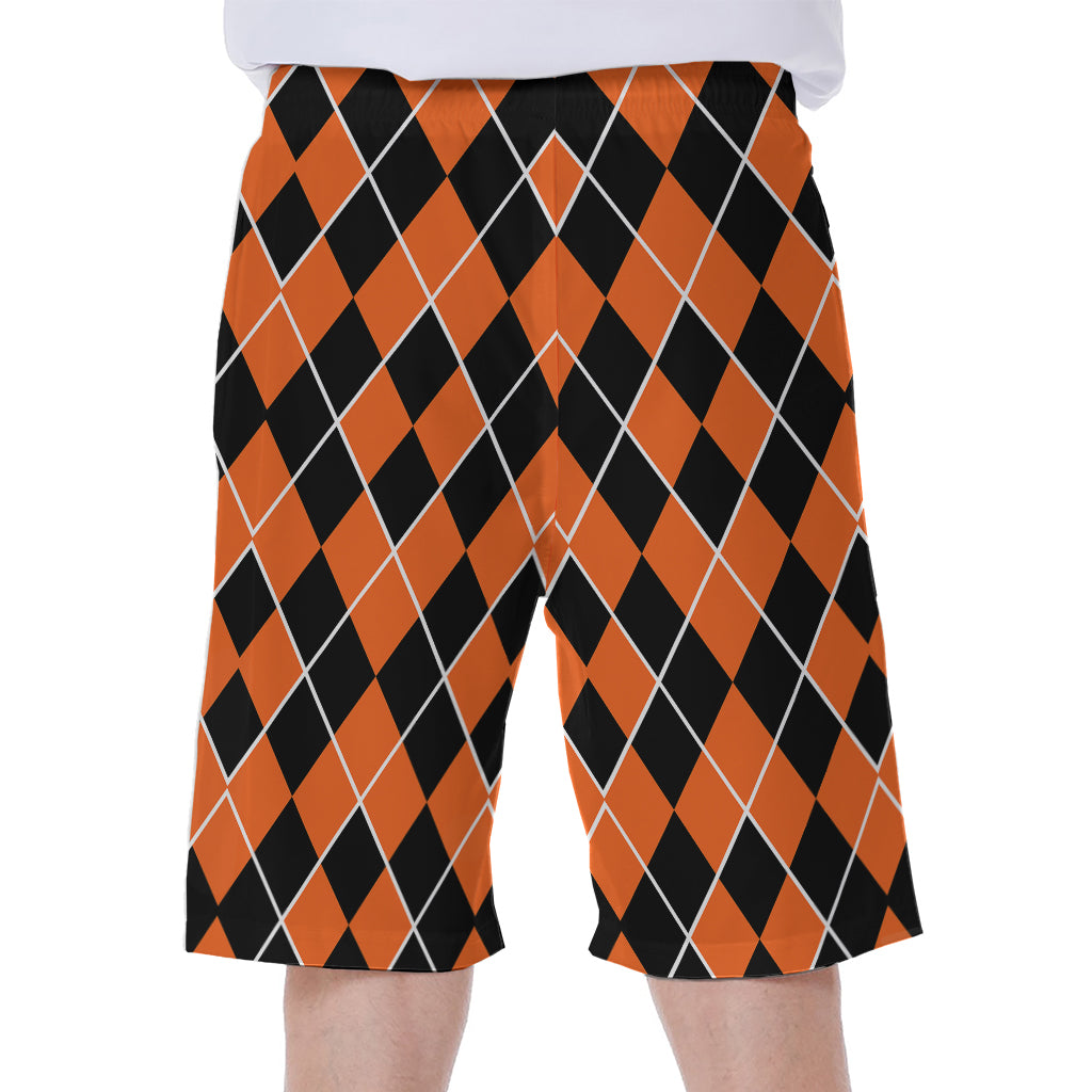 Orange And Black Halloween Argyle Print Men's Beach Shorts