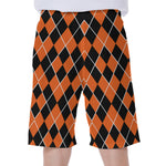 Orange And Black Halloween Argyle Print Men's Beach Shorts