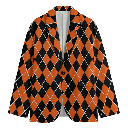 Orange And Black Halloween Argyle Print Men's Blazer