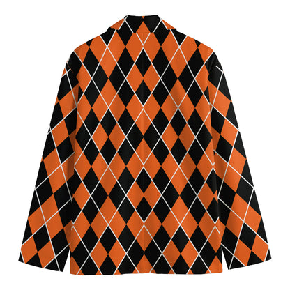 Orange And Black Halloween Argyle Print Men's Blazer