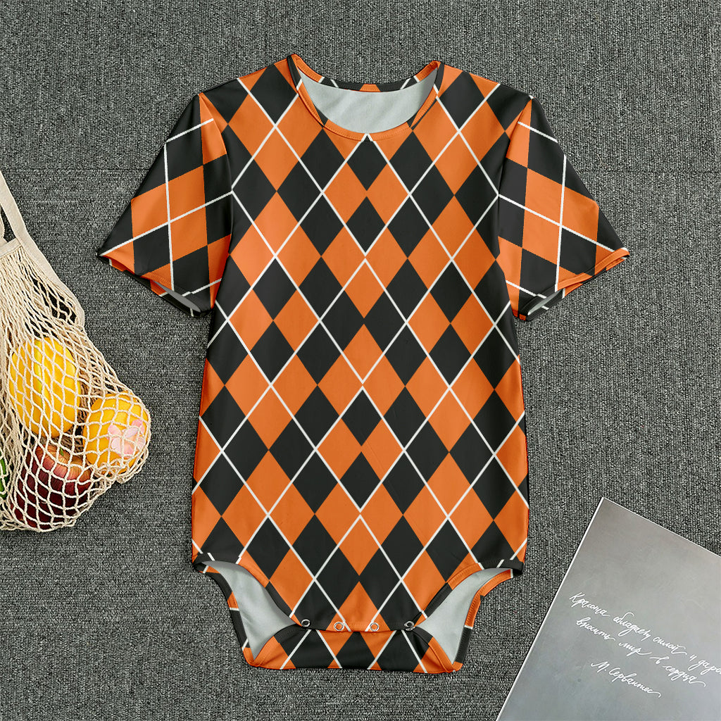 Orange And Black Halloween Argyle Print Men's Bodysuit