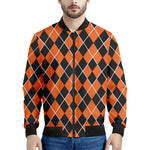 Orange And Black Halloween Argyle Print Men's Bomber Jacket