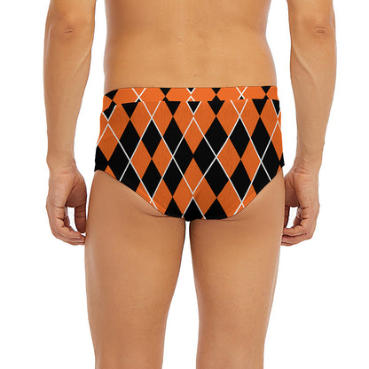 Orange And Black Halloween Argyle Print Men's Briefs