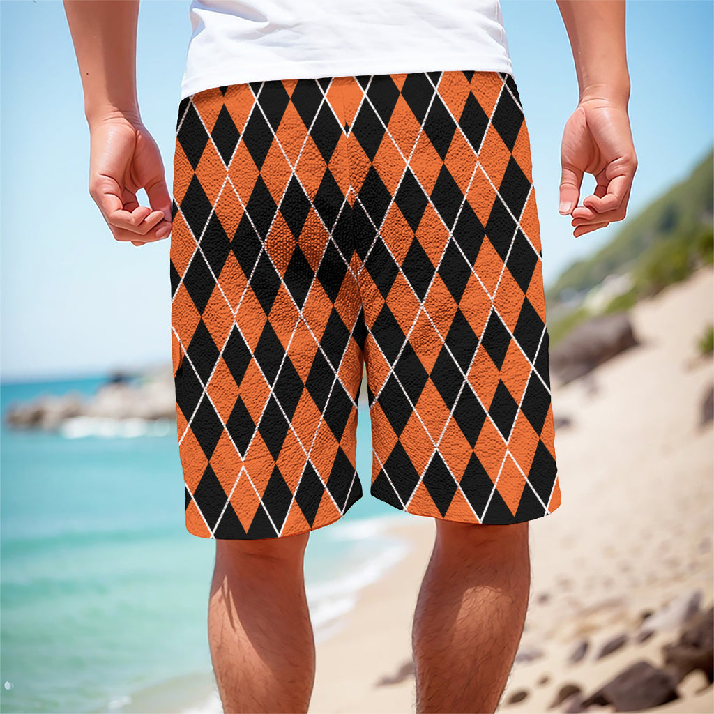 Orange And Black Halloween Argyle Print Men's Cargo Shorts