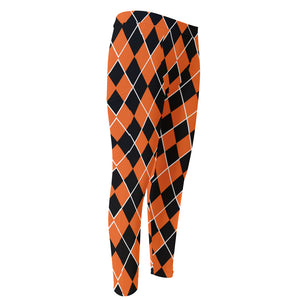 Orange And Black Halloween Argyle Print Men's Compression Pants