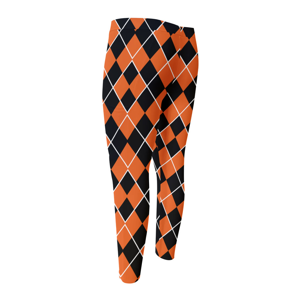 Orange And Black Halloween Argyle Print Men's Compression Pants