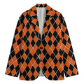Orange And Black Halloween Argyle Print Men's Cotton Blazer