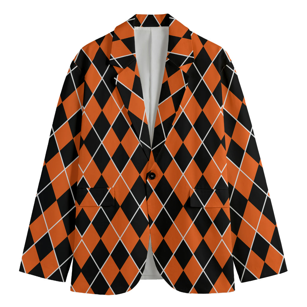 Orange And Black Halloween Argyle Print Men's Cotton Blazer