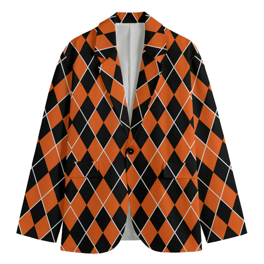 Orange And Black Halloween Argyle Print Men's Cotton Blazer