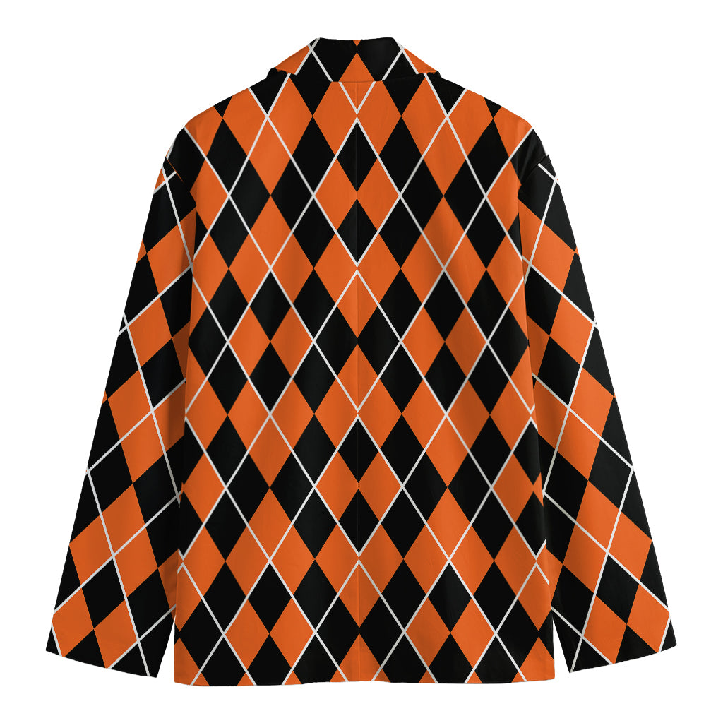 Orange And Black Halloween Argyle Print Men's Cotton Blazer