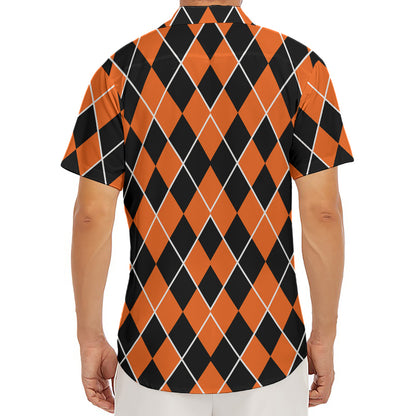 Orange And Black Halloween Argyle Print Men's Deep V-Neck Shirt