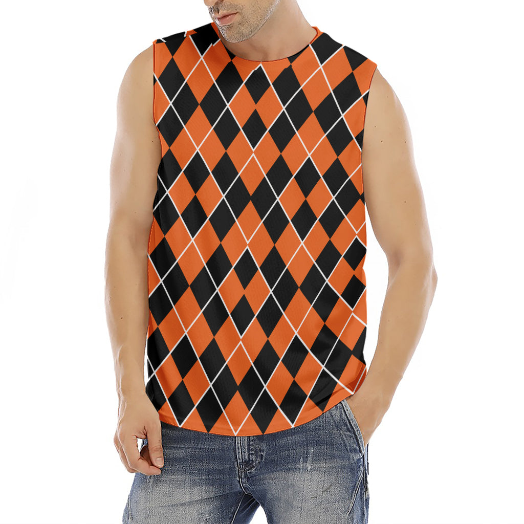 Orange And Black Halloween Argyle Print Men's Fitness Tank Top