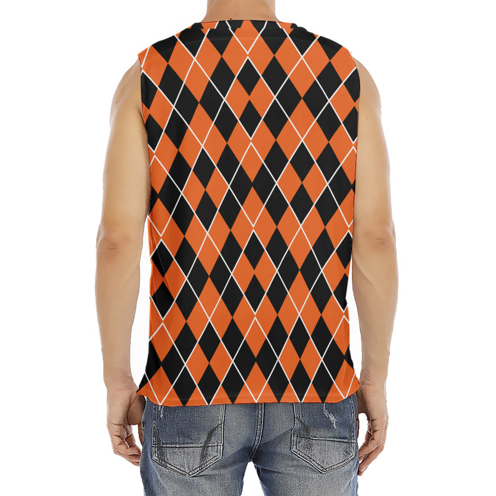 Orange And Black Halloween Argyle Print Men's Fitness Tank Top