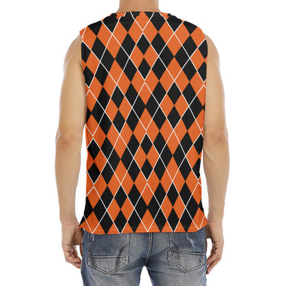 Orange And Black Halloween Argyle Print Men's Fitness Tank Top