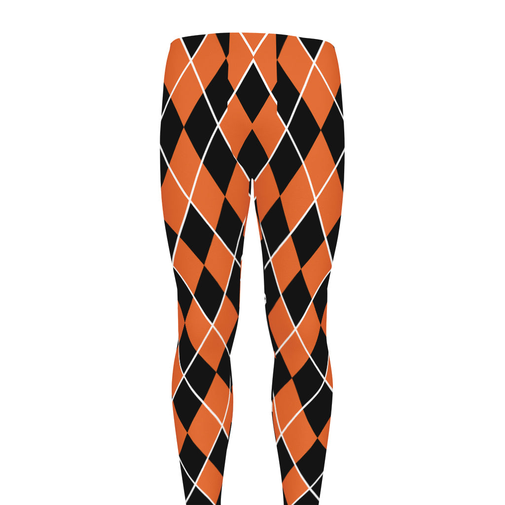 Orange And Black Halloween Argyle Print Men's leggings