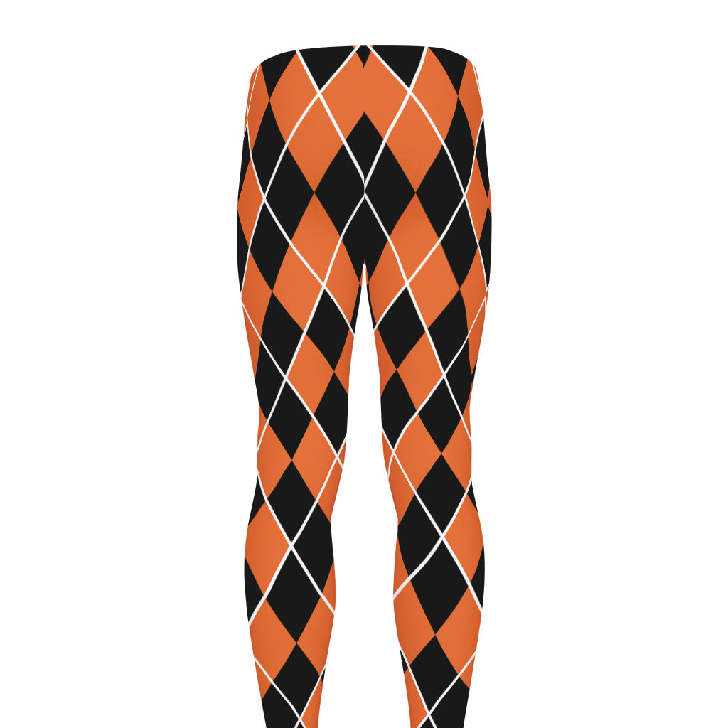 Orange And Black Halloween Argyle Print Men's leggings